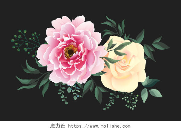 深色中国风花卉牡丹手绘免扣AI矢量元素